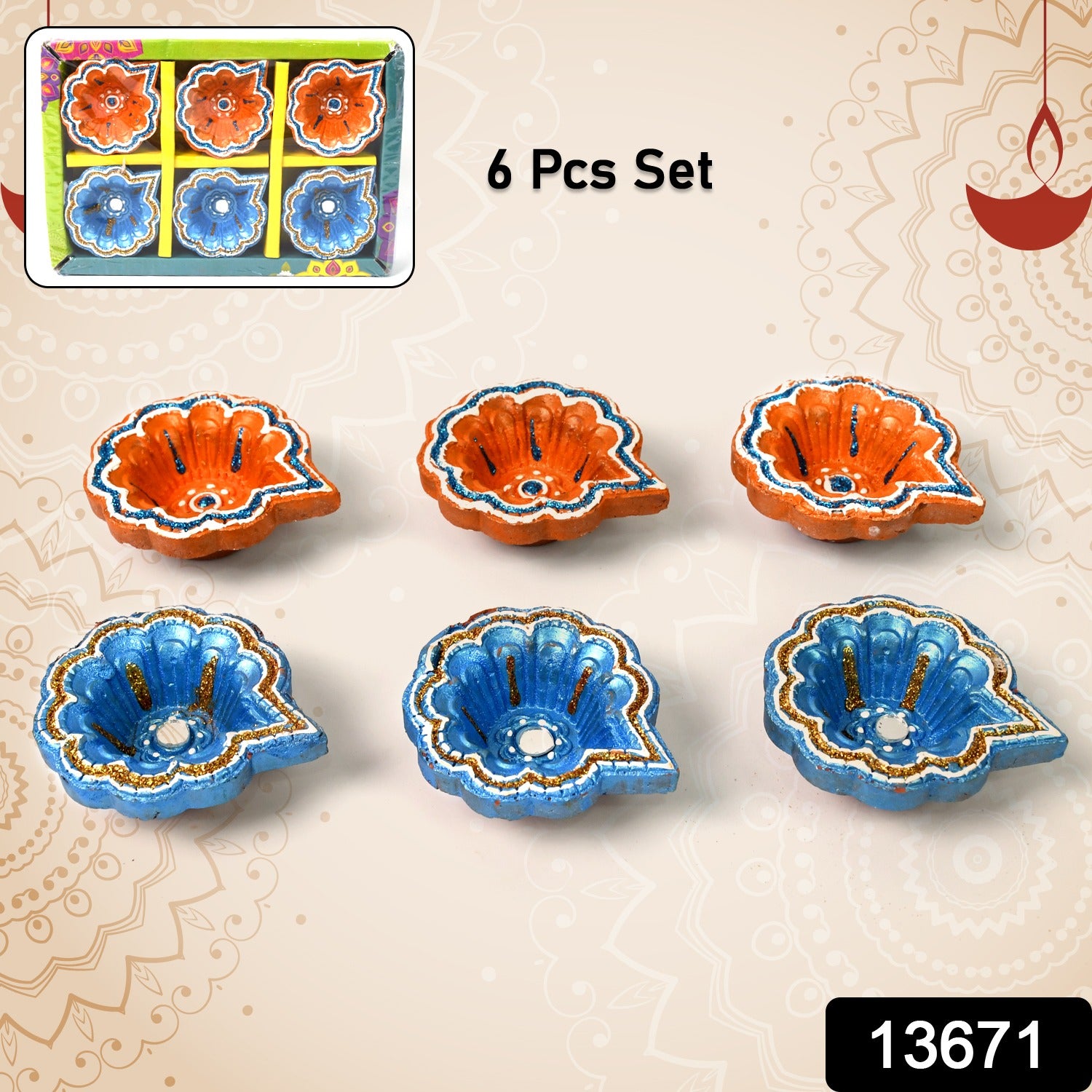 Decorative Hand Painted Clay Puja Diya For Diwali Handmade Diya (6 Pcs Set) Decorative Hand Painted Clay Puja Diya For Diwali Handmade Diya (6 Pcs Set)